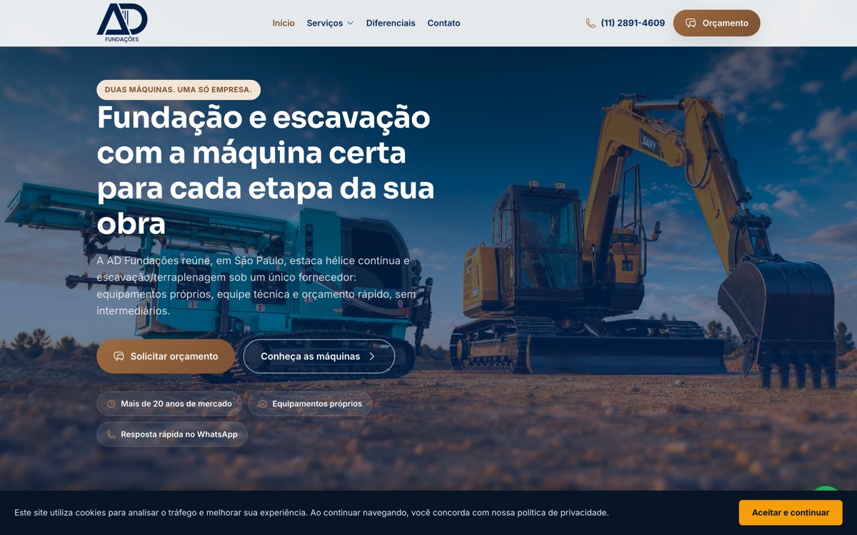 Hero do site da AD Fundações, desenvolvido pela Agência Pine